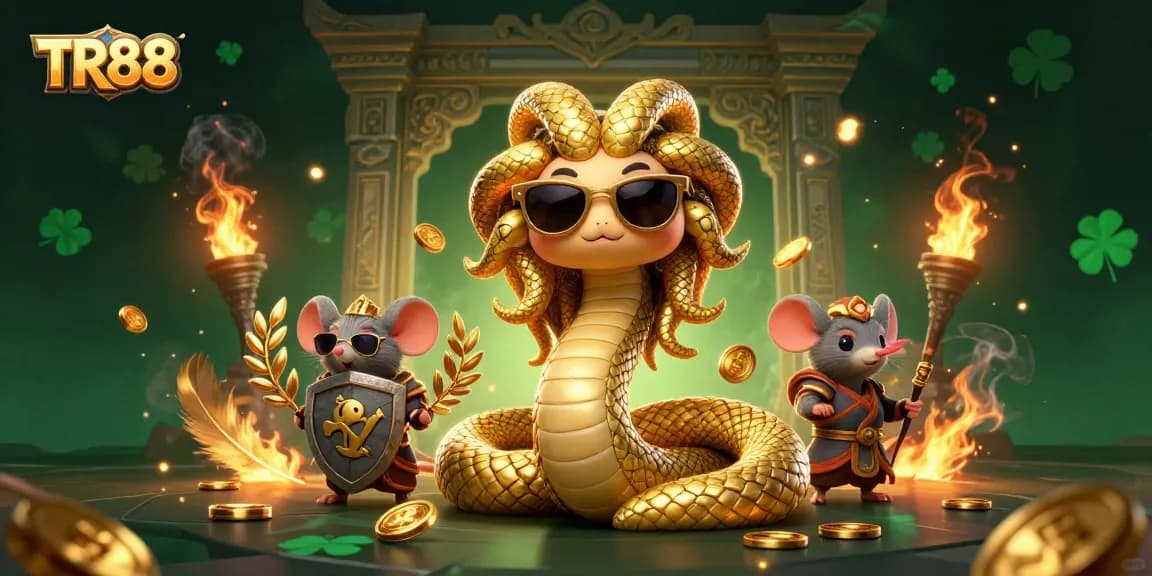 Join TR88's thrilling online casino adventure highlighted by Medusa and a warrior mouse amidst golden gaming elements.