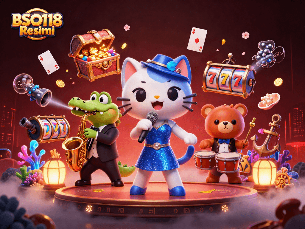 Win big with BSO118 Resmi in a lively casino scene featuring vibrant characters and dynamic elements.