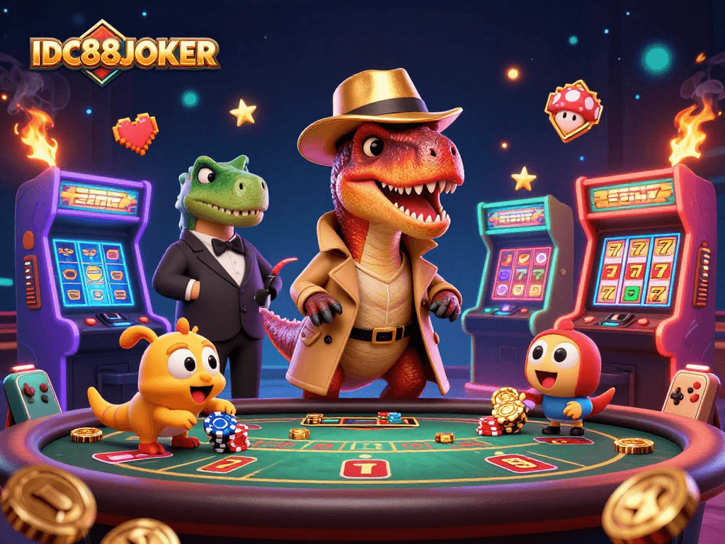 IDC88JOKER showcases a dynamic illustration of a velociraptor card counter and casino characters amidst gaming excitement.