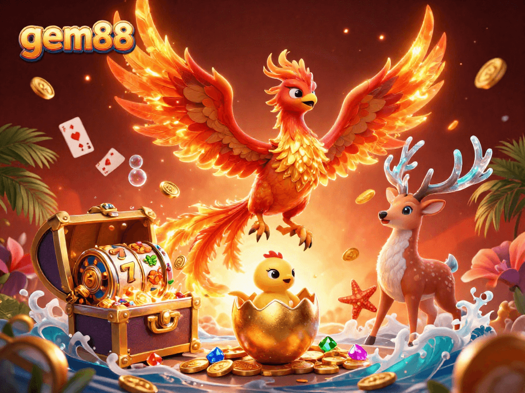 Engage with gem88's thrilling gaming experience featuring a phoenix and dynamic casino elements.