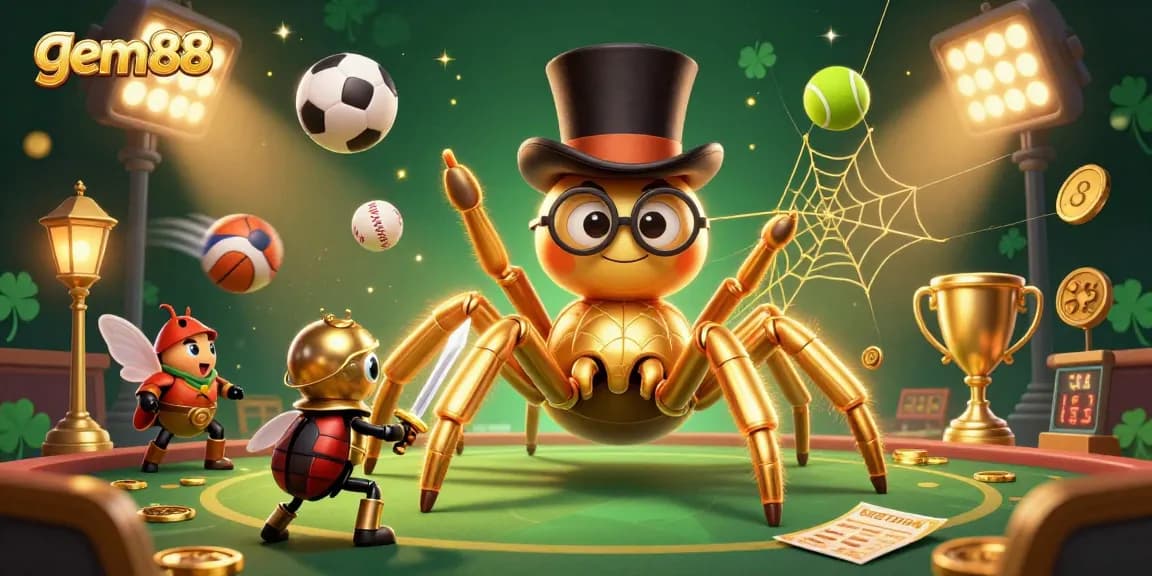 Experience thrilling gameplay at gem88 with golden tarantula and beetle knight in a vibrant casino scene.