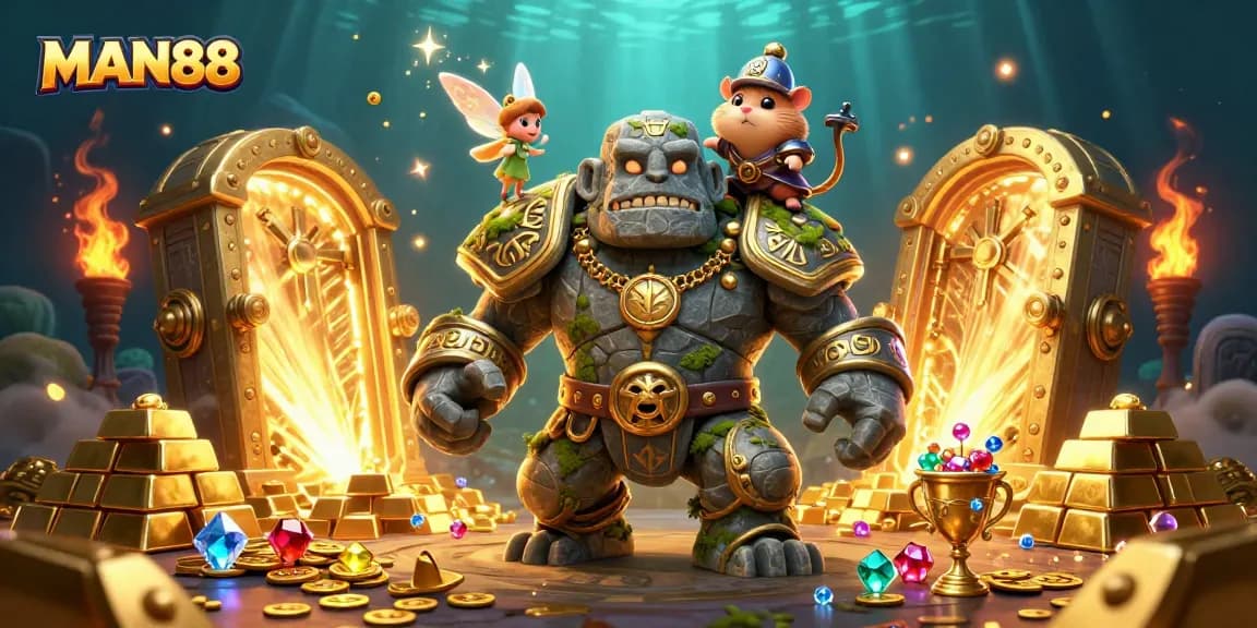 Experience gaming excitement with MAN88's vibrant 3D illustration of a lively casino scene featuring a stone golem and treasures.