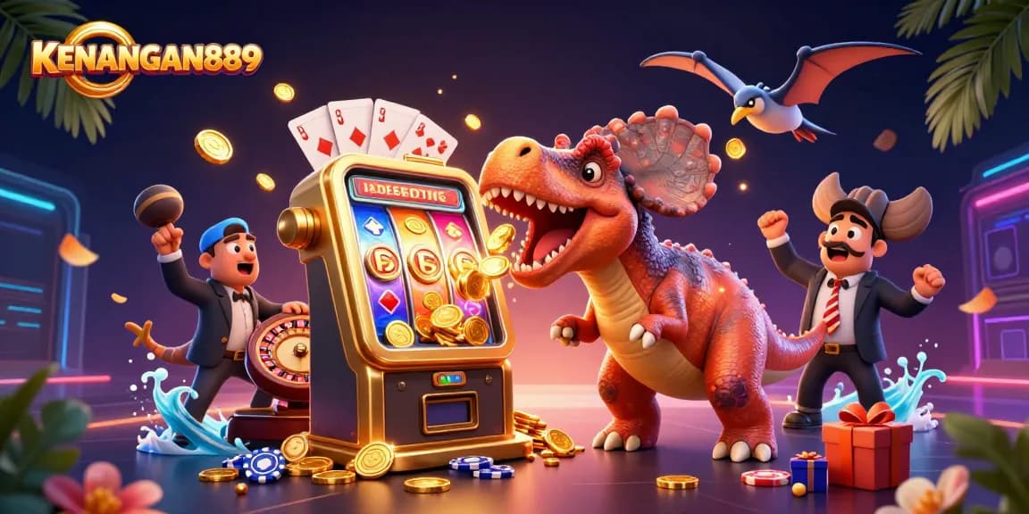 KENANGAN889 showcases a 3D pachycephalosaurus winning jackpots, illustrating the excitement of online slots.