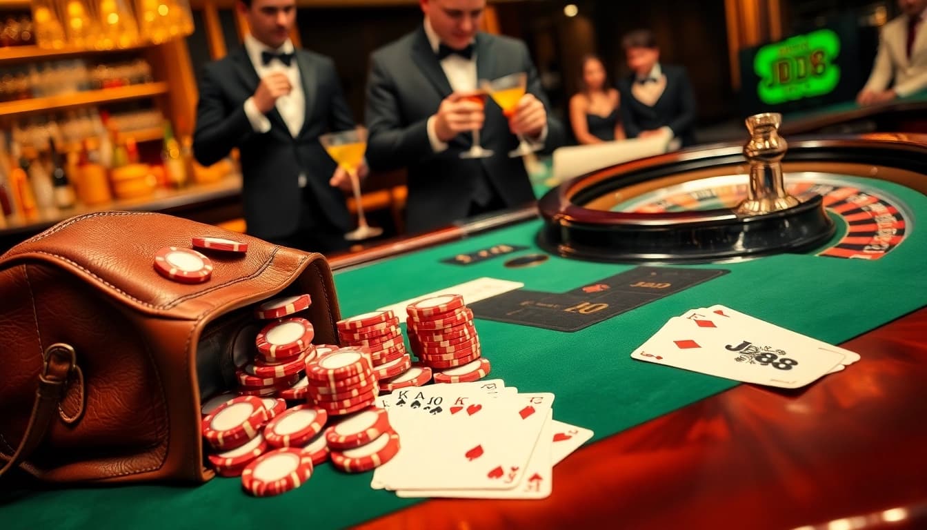 Tương tác với Trang chủ JD88 thông qua một cảnh casino đầy hứng khởi với những đồng chip poker sống động và bánh xe roulette thanh lịch.