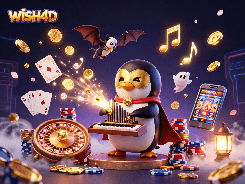 WISH4D: Engage with a vibrant casino fantasy scene blending imaginative characters and thrilling game elements.
