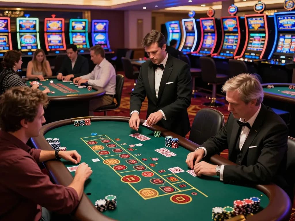Players engaging in intense gameplay at 79king casino, chips and cards showcasing a vibrant betting atmosphere.