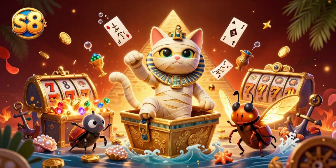 S8 casino featuring a vibrant mummy cat, glowing scarab, and floating slots enticing players with epic wins.