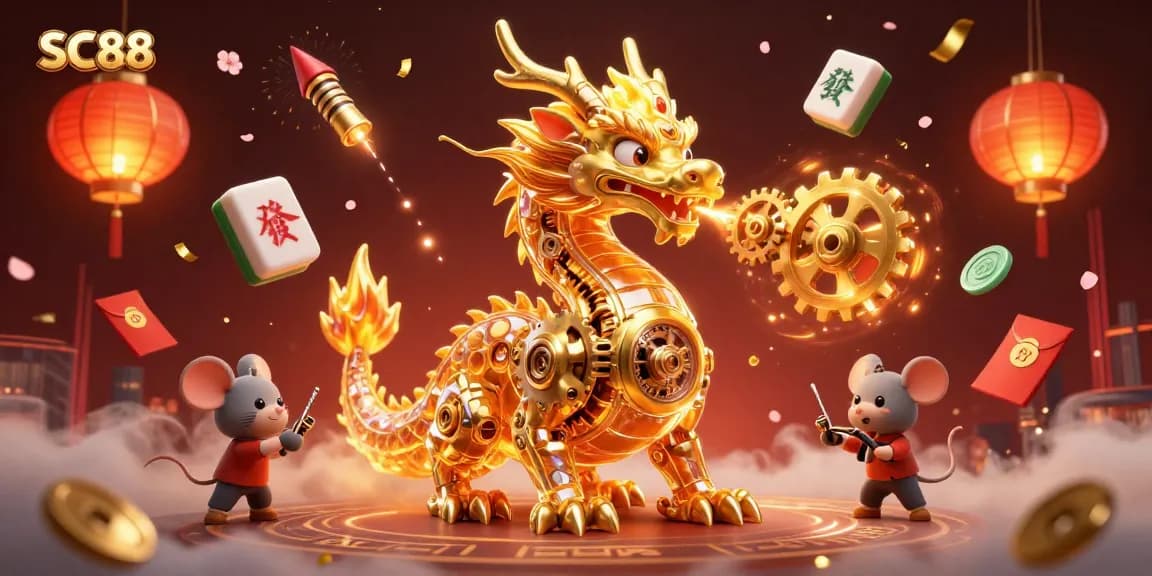 Engage with SC88's dynamic online gaming experience, featuring a golden dragon and vibrant game elements.