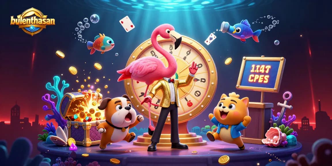 Bulenthasan spins the giant prize wheel in a vibrant online casino scene filled with colorful gems and treasures.