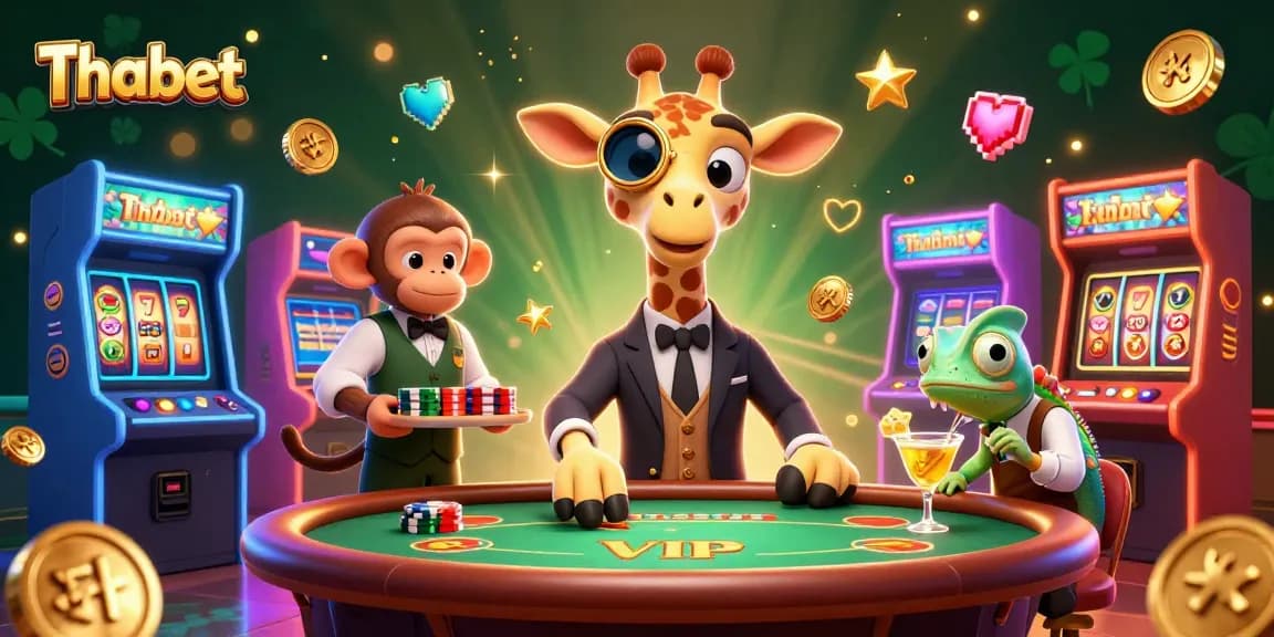 Play thrilling games at Thabet's vibrant 3D casino with high-roller giraffe and dynamic gaming elements