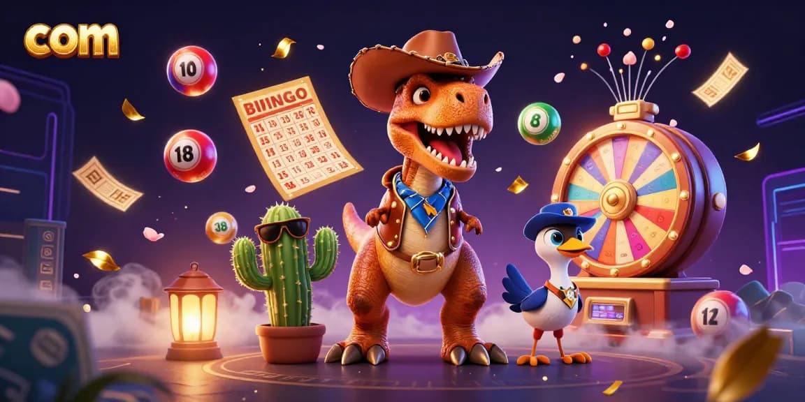 Engage with com using vibrant lottery elements and a dynamic cartoon cowboy dinosaur scene.
