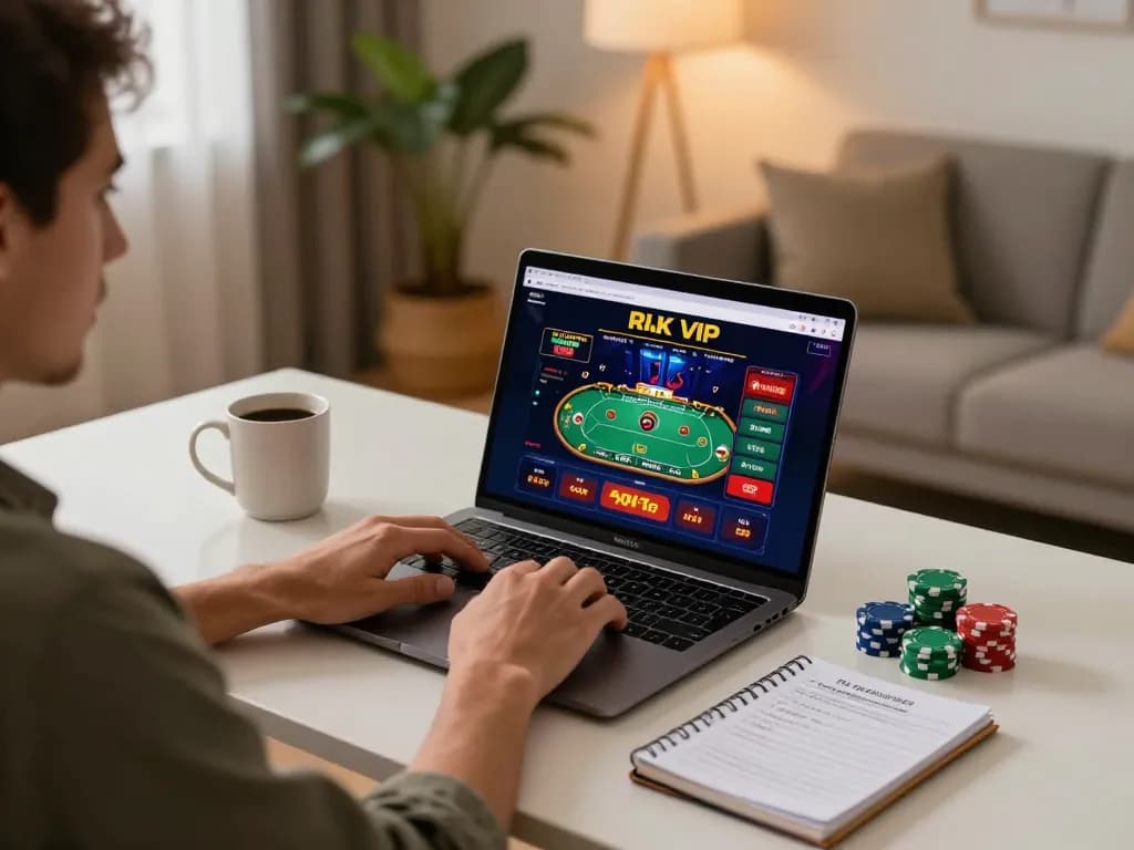 Engaging in a poker game on rik vip's online platform from a cozy home setup.