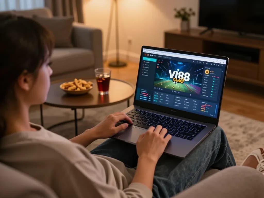 Experience the excitement of online gaming with vin88 link tải, showcasing a person engaged in casual gameplay at home.
