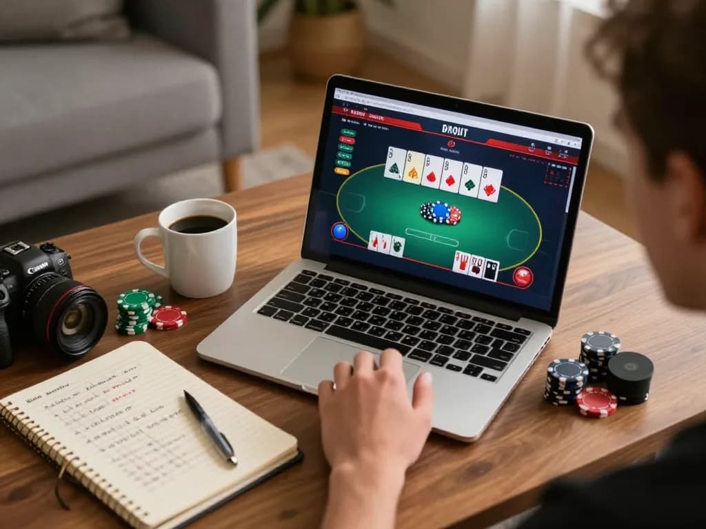 gg88 player engaging in online poker while studying strategies in cozy home setup