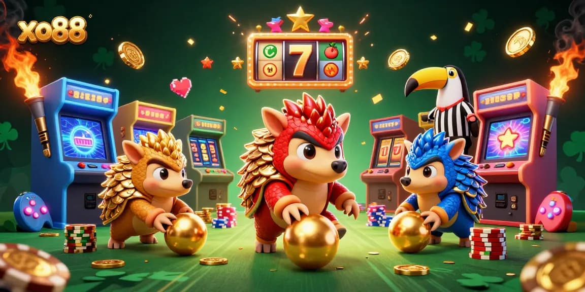 Competing pangolins in armor roll golden balls through poker chips in a colorful xo88 casino scene.