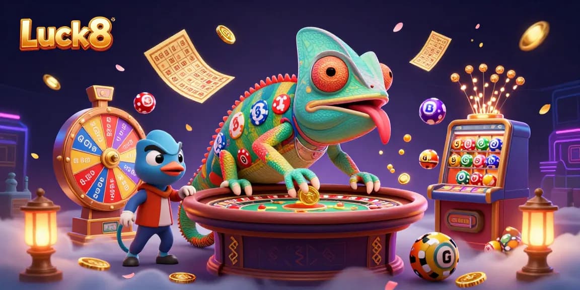 Luck8 offers vibrant casino action with a chameleon owner and colorful game elements