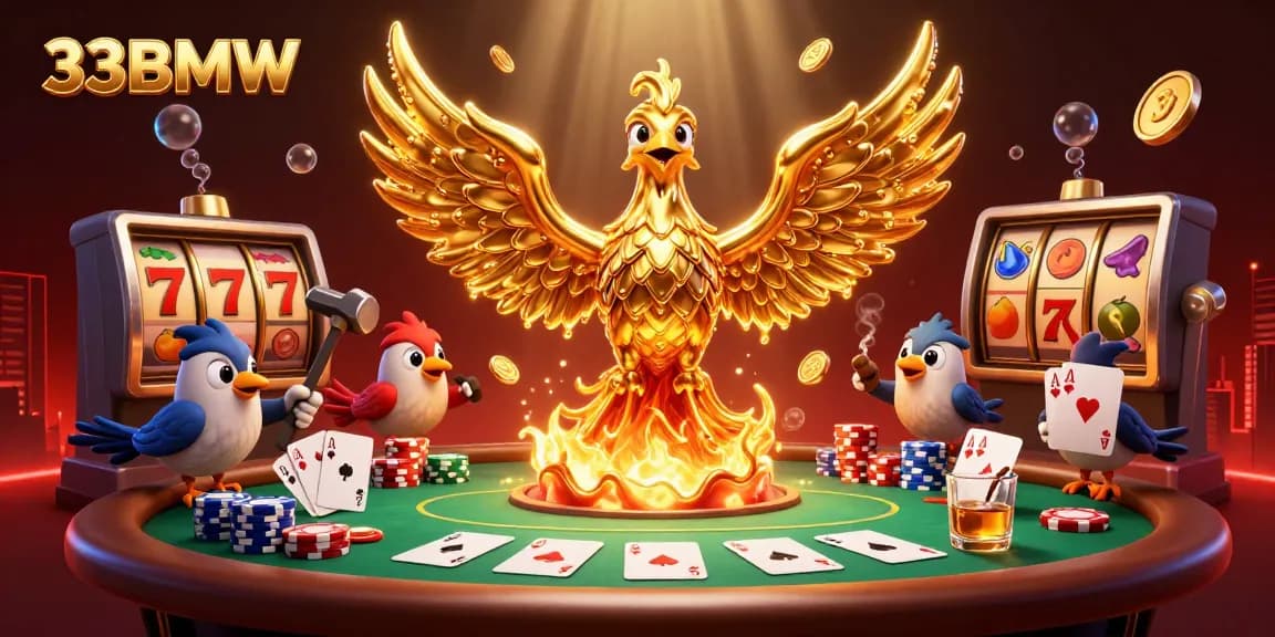 Experience thrilling gaming at 33BMW with a vibrant scene featuring a golden phoenix surrounded by rich casino elements.