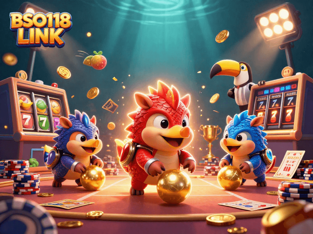Engage with BSO118 LINK as rival pangolins playfully navigate poker chips and slot reels in a vibrant casino scene.