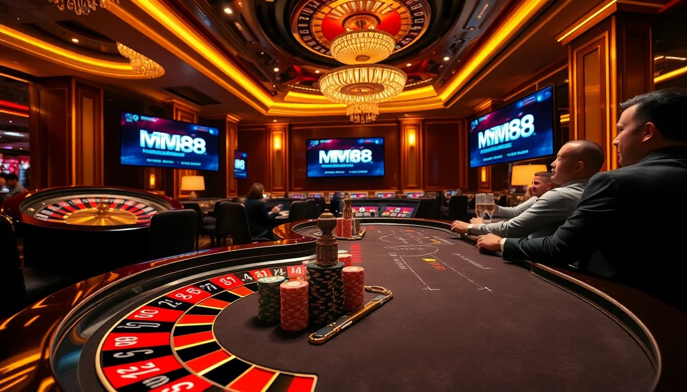 Engaged players enjoying a vibrant MM88 casino experience with poker chips and a roulette wheel.