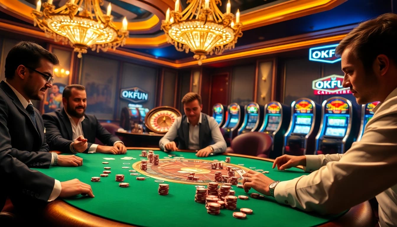 Exciting poker game at OKFUN casino with players and vibrant atmosphere.