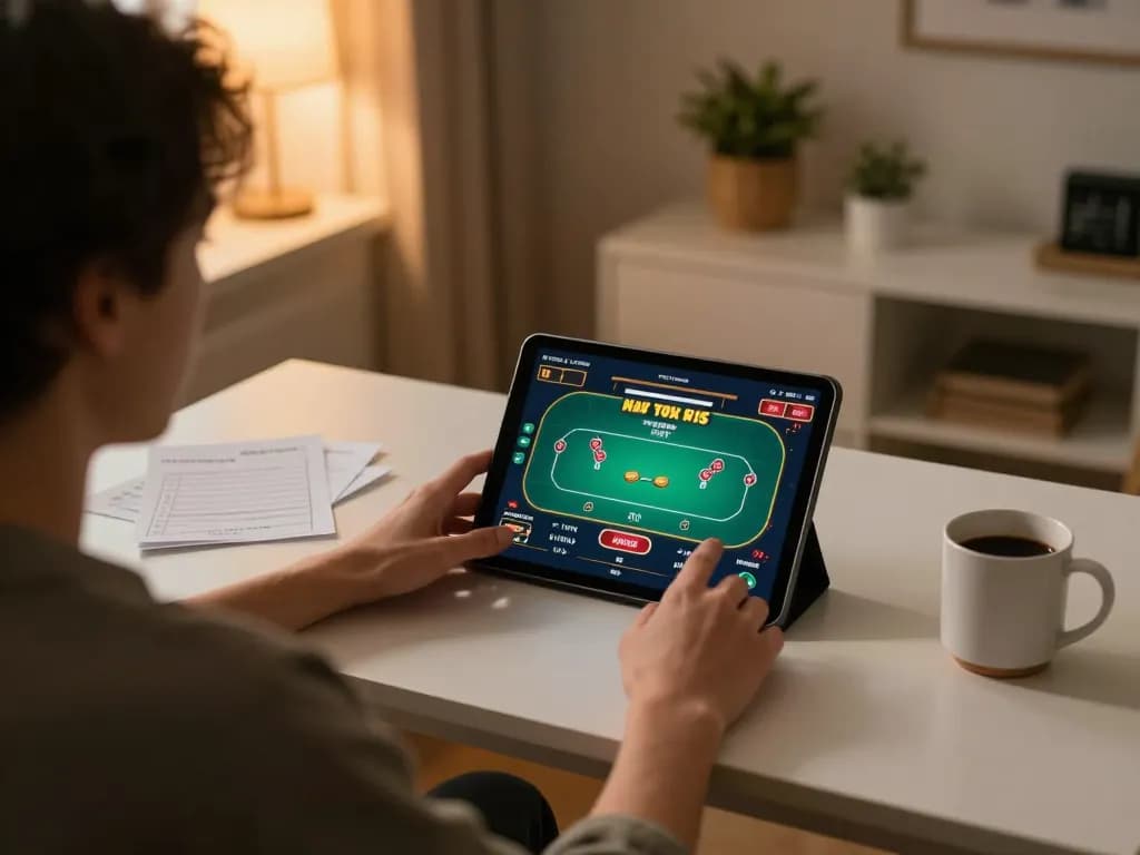 Player engaging in an online gambling session with TT88 poker game on a tablet, emphasizing strategic gameplay.