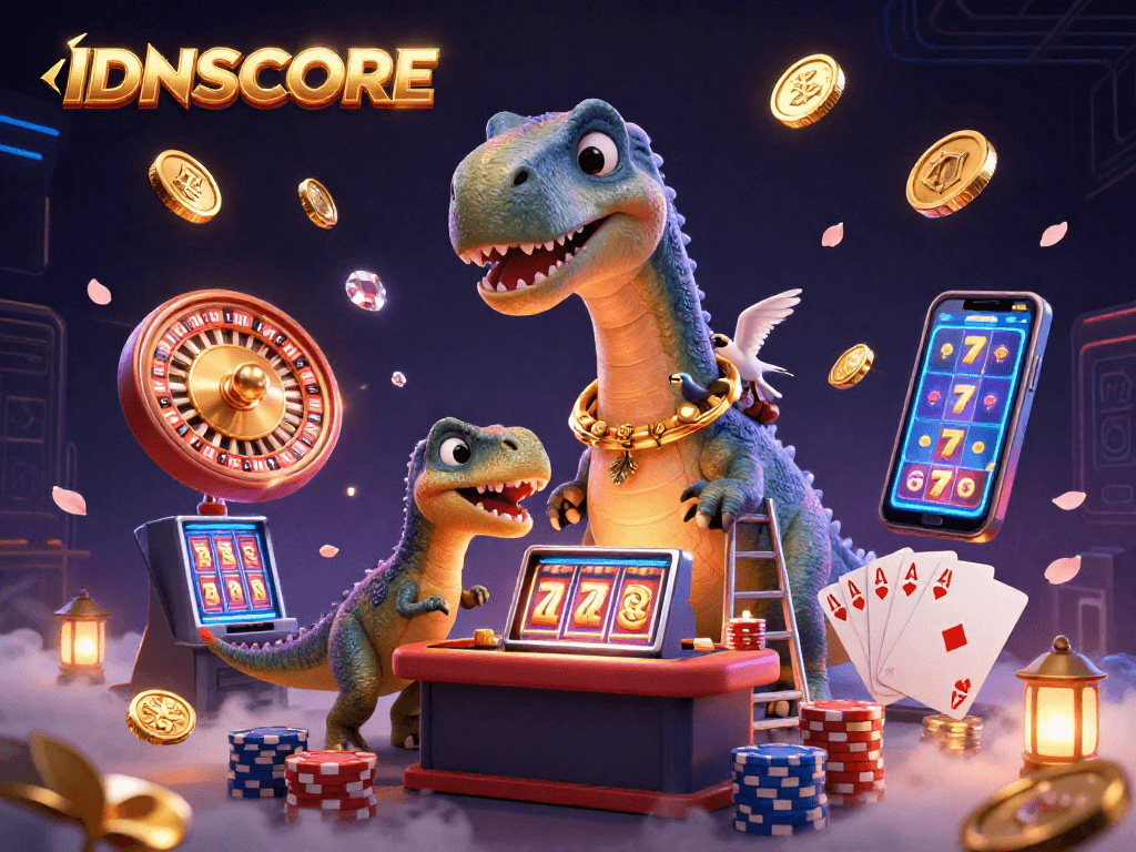 IDNSCORE offers an engaging illustration of casino fun with brontosaurus, raptor, and vibrant elements.