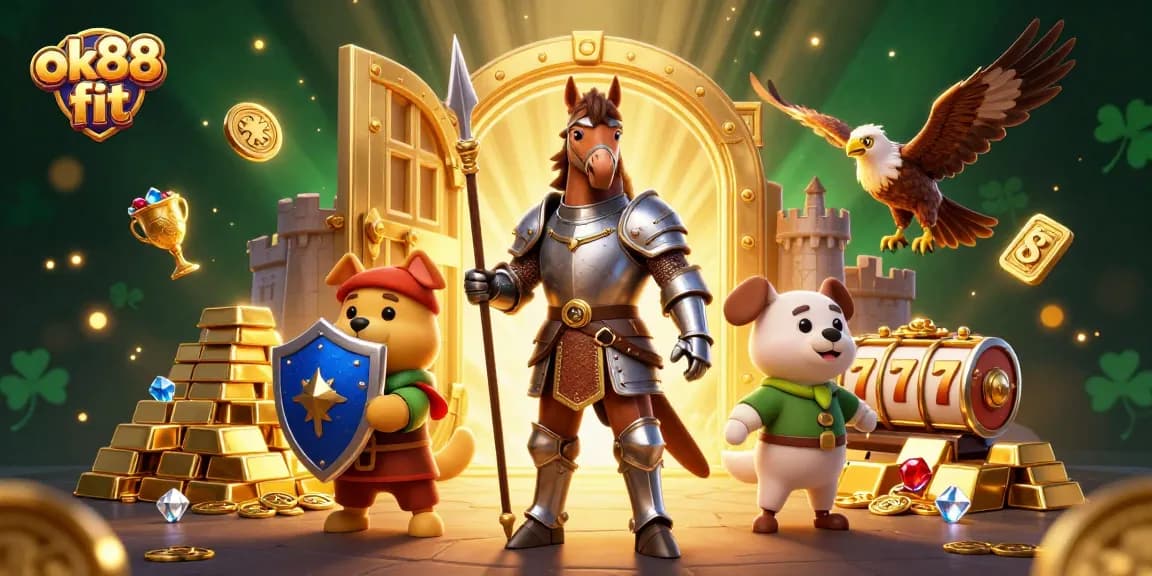 Engage with ok88 fit through this vibrant casino scene featuring a knight, squire puppy, and treasure.