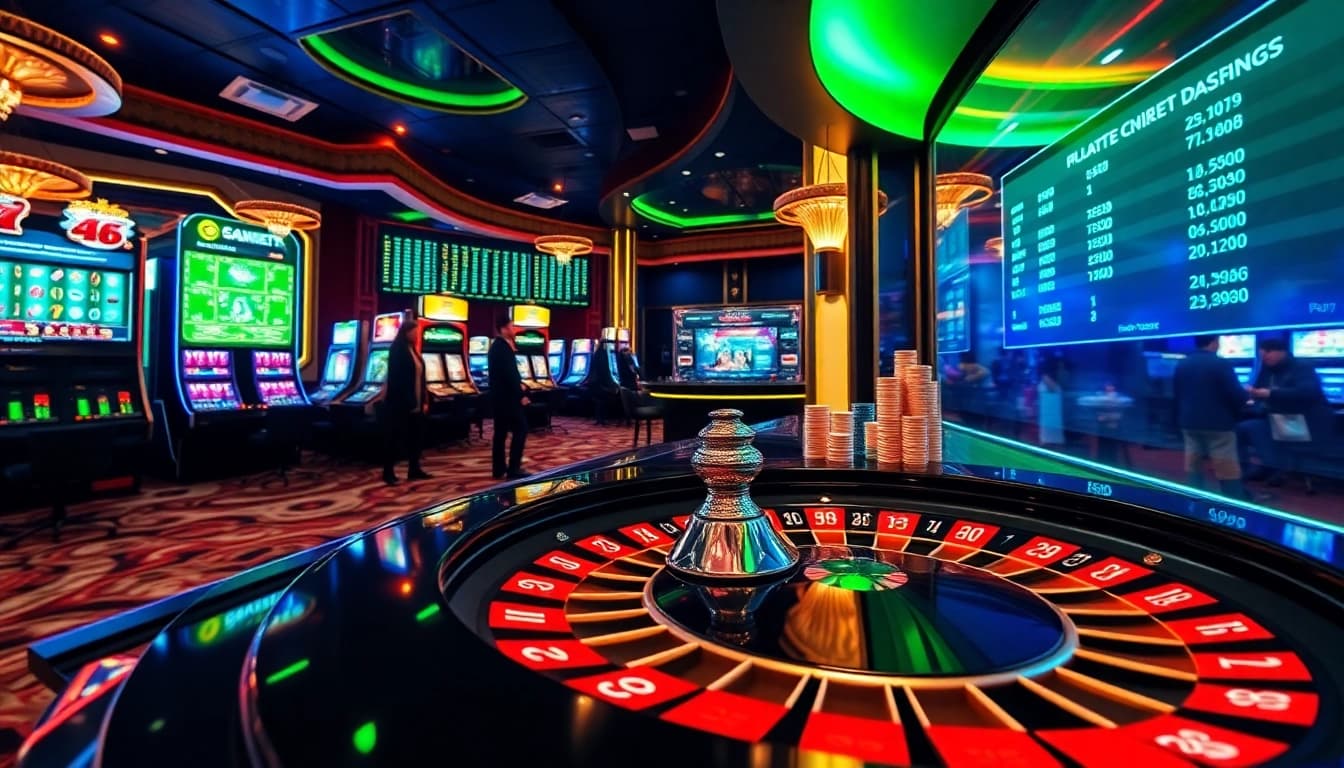 Engaging Sbobet link alternatif gaming scene featuring poker chips and roulette table in a luxurious atmosphere.