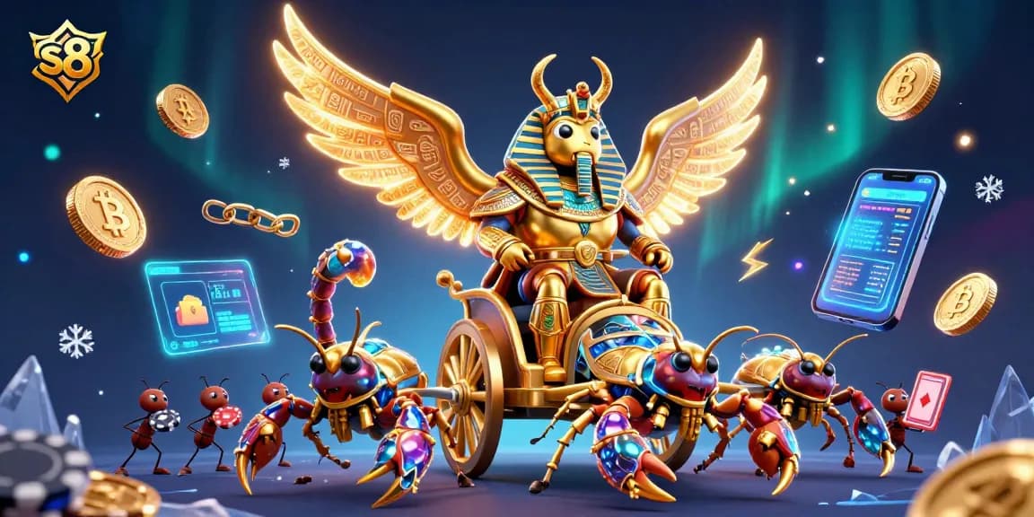 Engage with the thrilling s8 casino experience featuring a massive golden scarab and dazzling crypto elements.