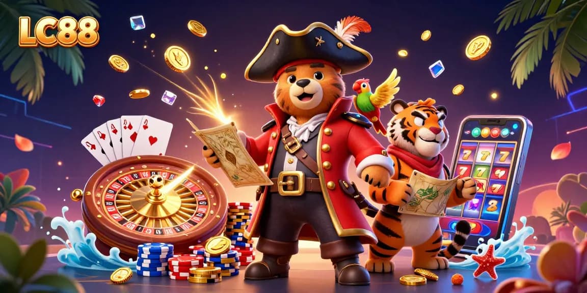 Experience the excitement of LC88's vibrant 3D casino scene with thrilling gambling characters and elements.
