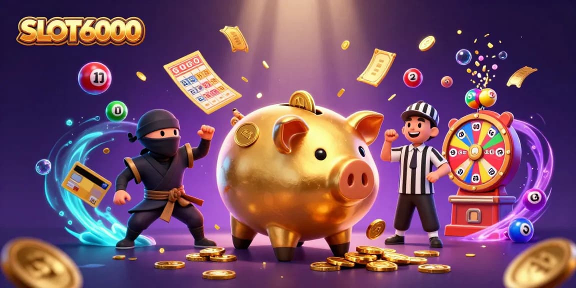Spin to win with SLOT6000, featuring vibrant characters and casino elements in a dynamic scene.