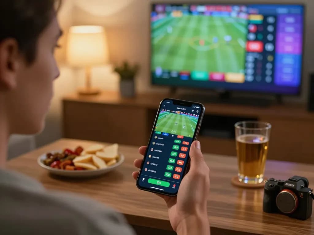 Engaged user placing bets on MB66 sports betting app in a cozy home setup.