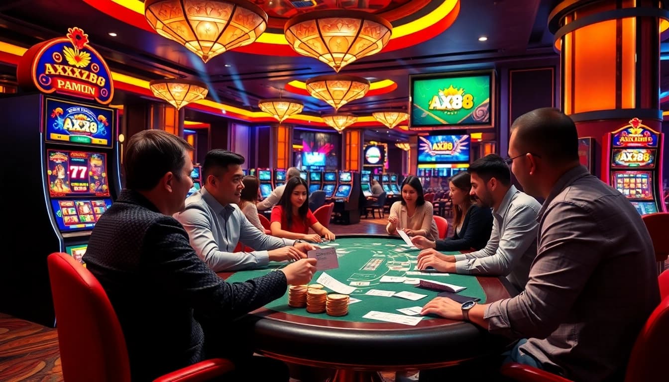 Excited players engage in AXX88 online gambling with colorful slot machines and poker chips.