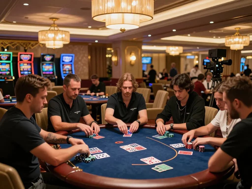 Players intensely strategizing in a high-stakes poker game at Keonhacai casino.