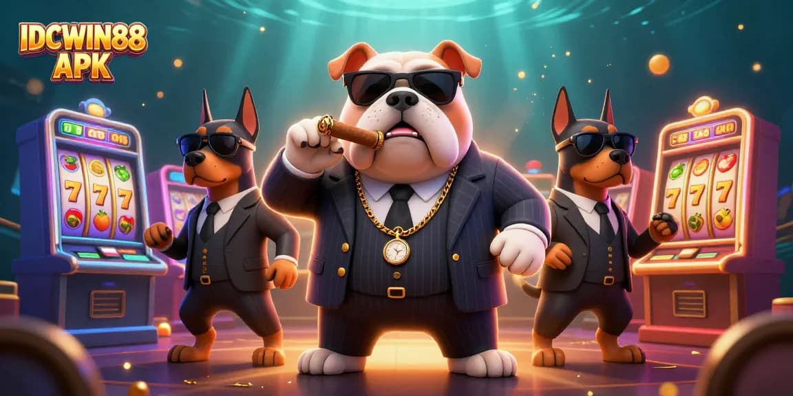 Experience the thrills of IDCWIN88 APK slot gaming with an energetic mafia scene filled with symbols of luck and excitement.