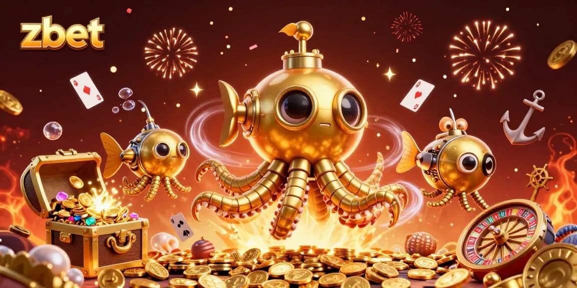 Experience zbet's thrilling ambiance with a 3D kraken submarine and treasures in a vibrant casino scene.