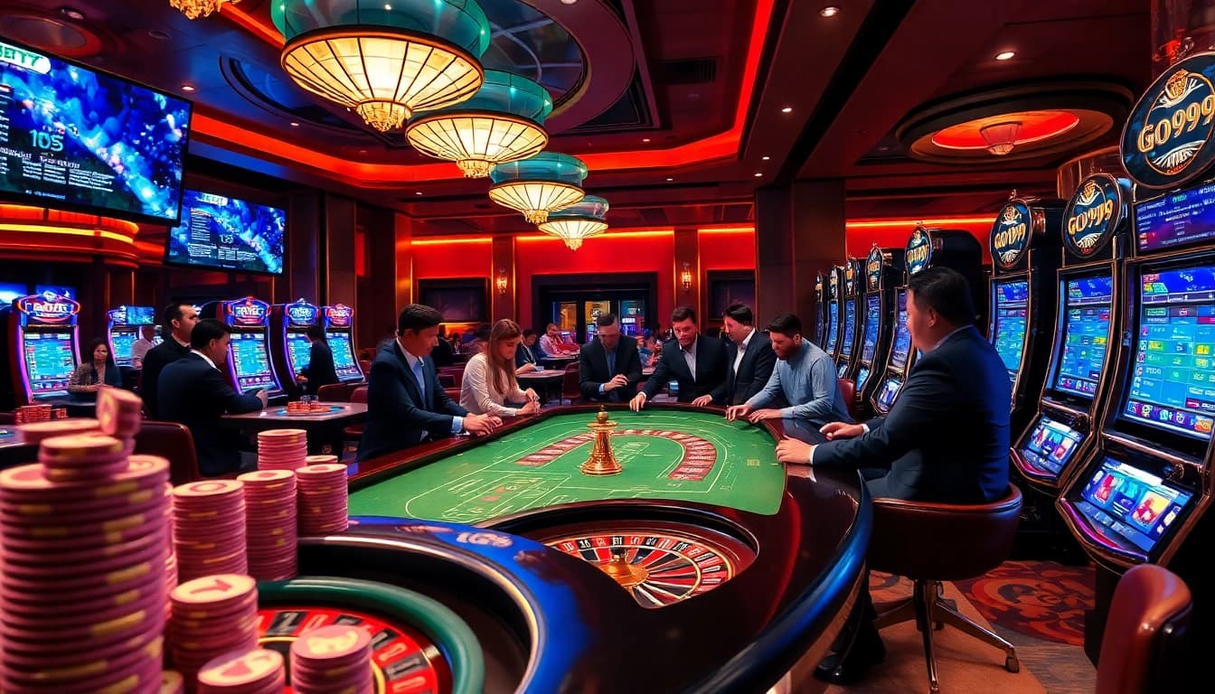 Experience high-stakes fun at go99's vibrant casino with poker tables and roulette wheels.