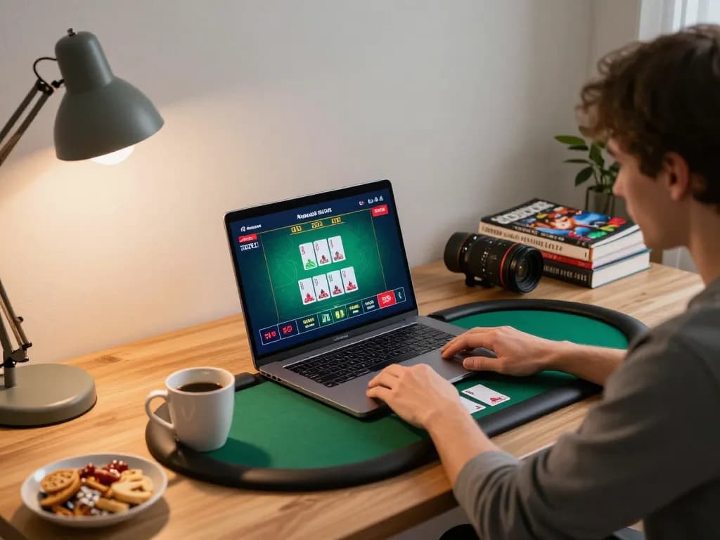 Engaging poker gameplay on LC88 platform from a cozy home office setup, showcasing strategic online betting.