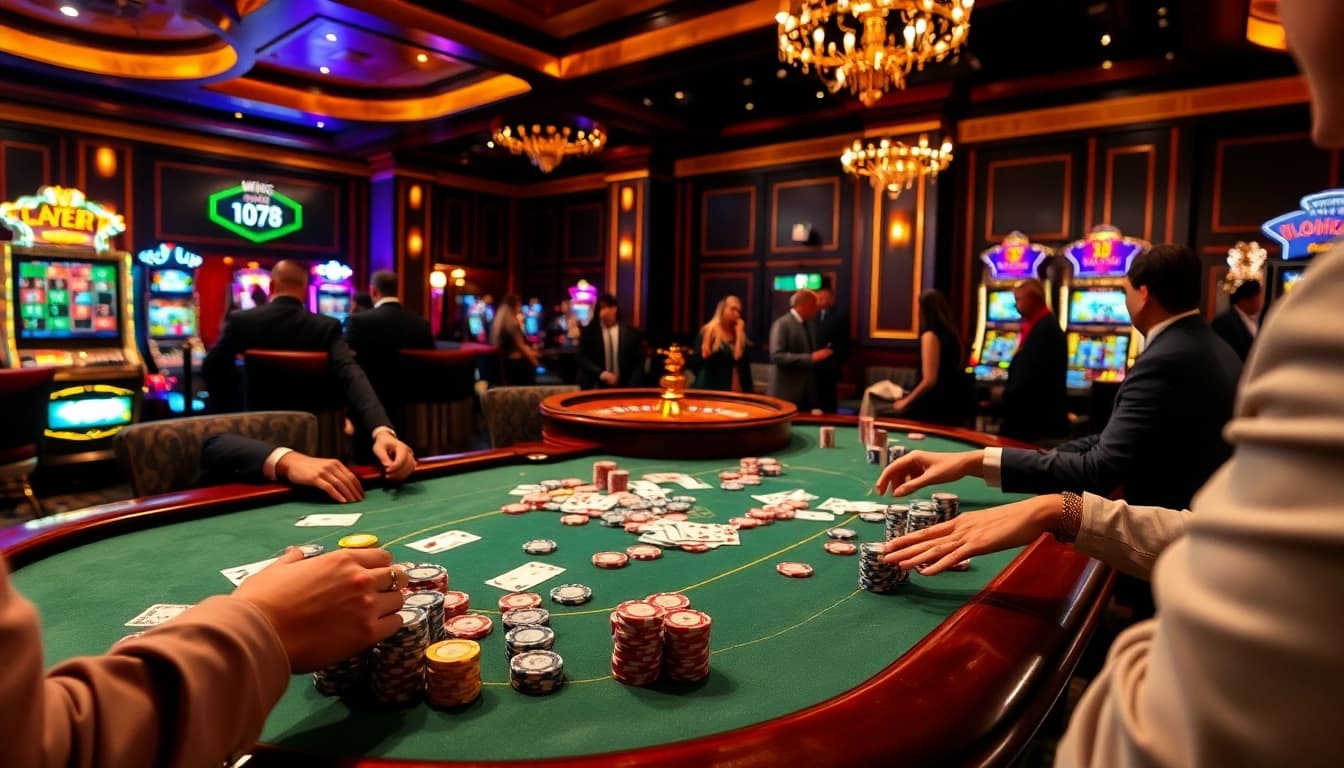 Engaging players at the Win678 VIP poker table with vibrant chips and cards in action.