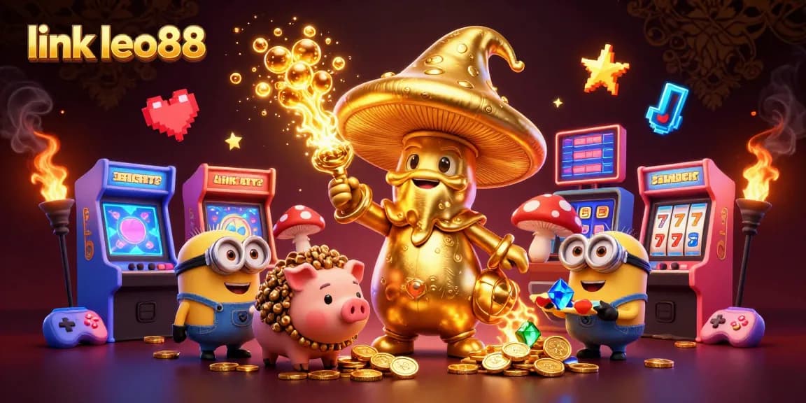 Engage with link leo88 in this vibrant casino scene filled with gold, magic, and game elements.