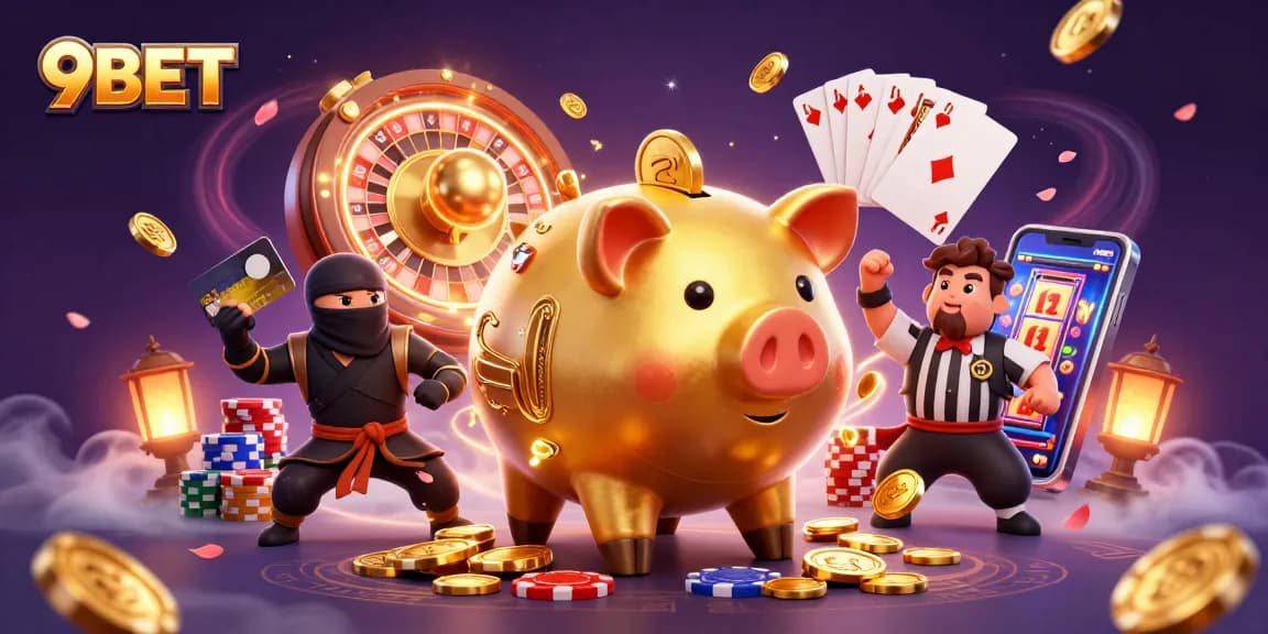 Witness thrilling action at 9BET with a golden piggy bank sumo wrestler and vibrant casino elements.