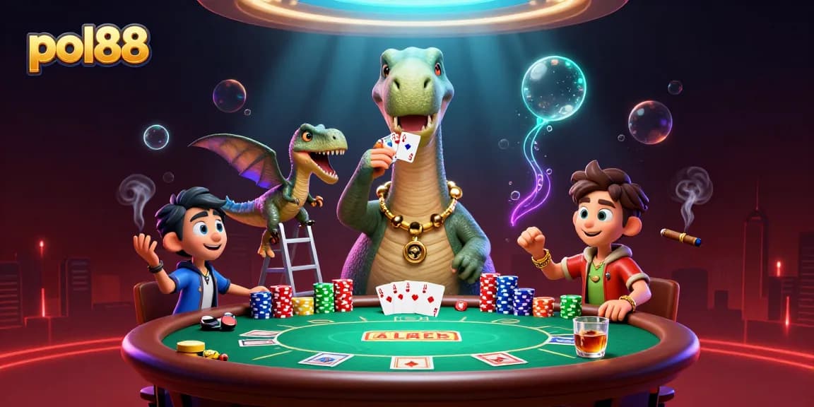 Gambar ilustrasi yang menggambarkan pol88 saat bermain poker dengan dinosaurus unik dan elemen kasino