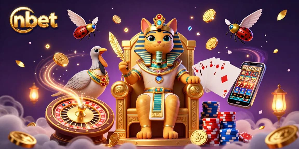 Experience the excitement of nbet's ultra-detailed pharaoh cat and casino elements in a vibrant illustration.