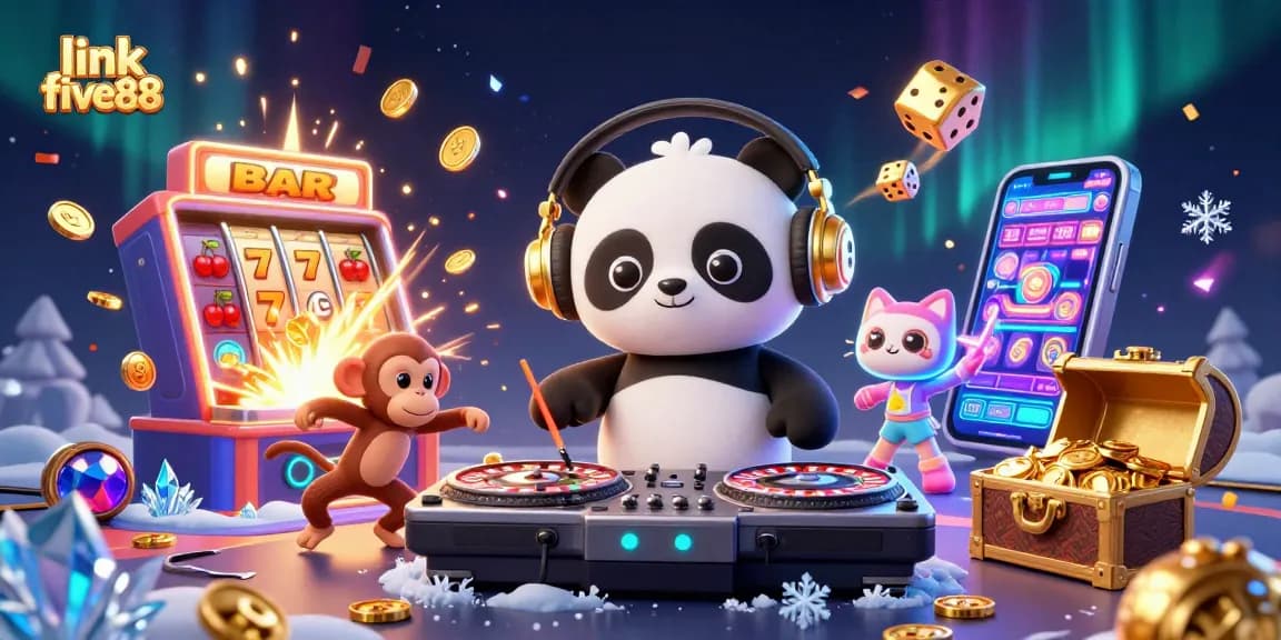 Join the fun at link five88, showcasing a DJ panda, breakdancing monkey, and rave kitten in a vibrant casino scene.