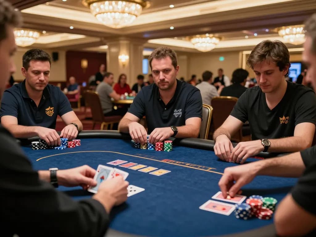 Players engaged in a strategic poker game at https://f8bet.dental/, showcasing intense moments with stacked chips and dealer action