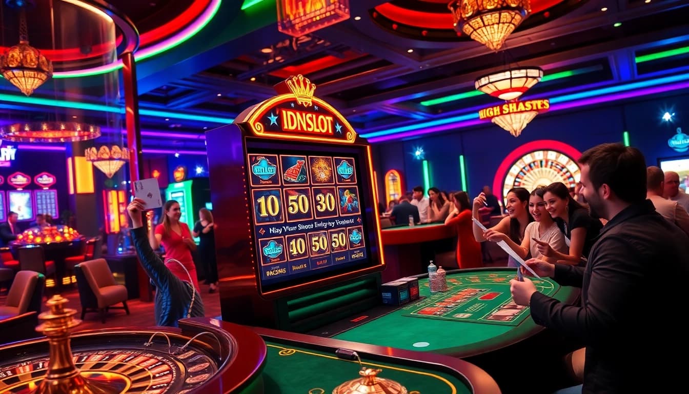 Players engaging with an idnslot machine in an elegant casino atmosphere.