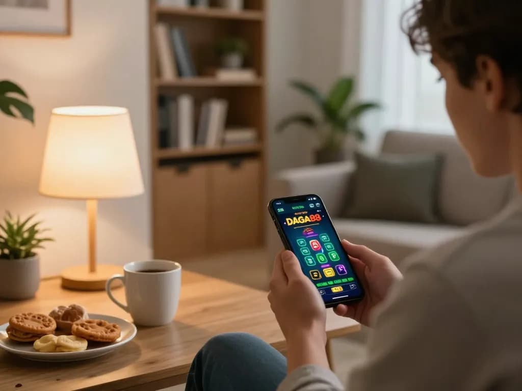 DAGA88 player placing bets on a smartphone app in a cozy home setting.