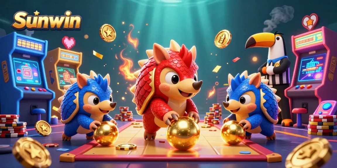 Engaging illustration featuring pangolins in Sunwin rolling golden balls through poker chips.
