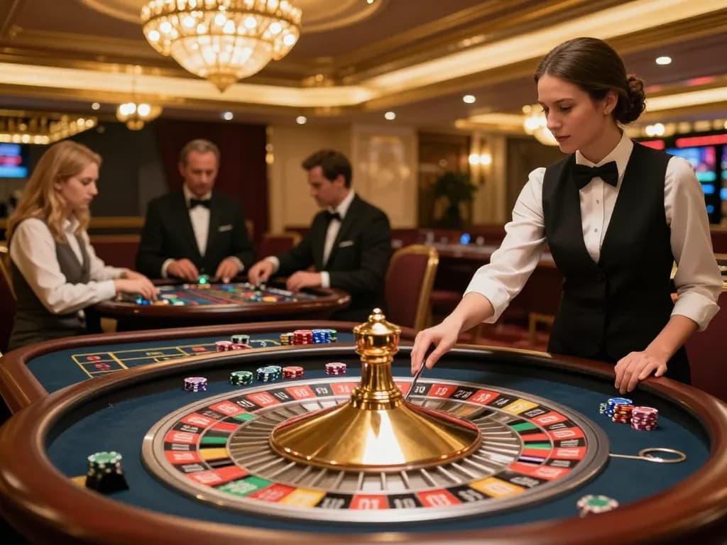 Engaged players witnessing the SC88 roulette wheel spin at an upscale casino, vibrant ambiance enhancing excitement.