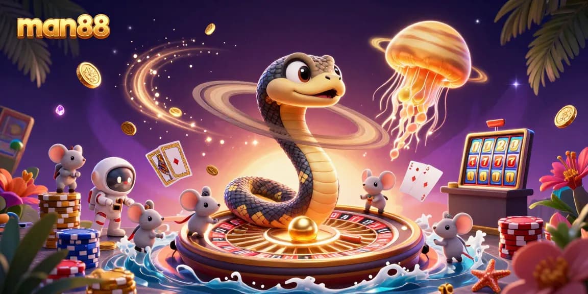 Experience man88 with a cosmic casino scene featuring astronaut mice betting around Saturn's rings.